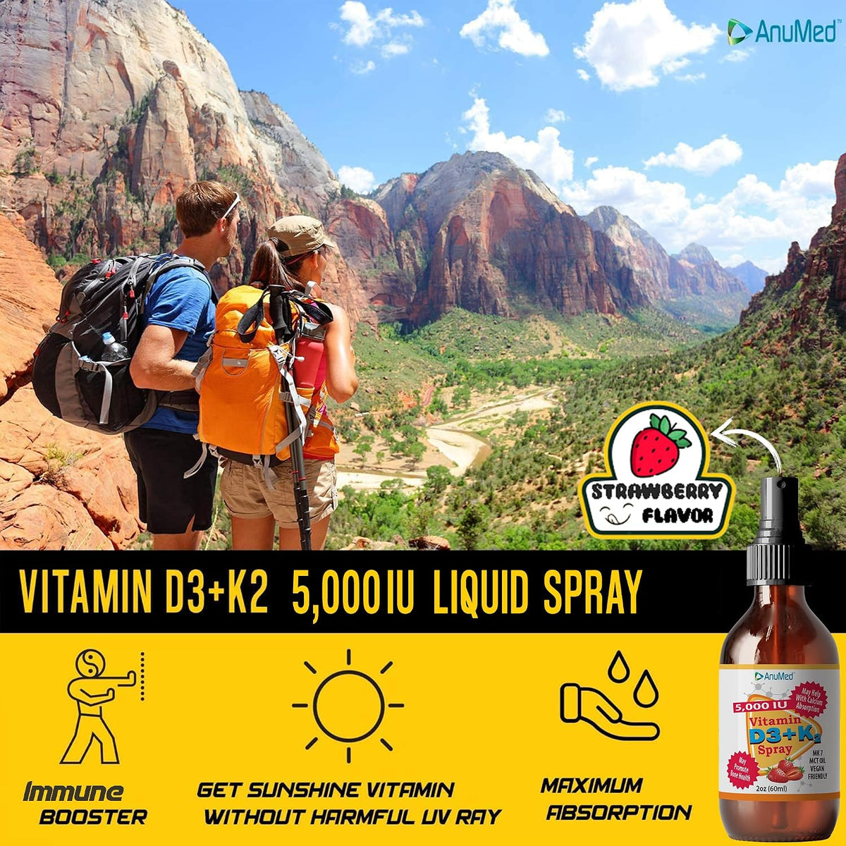 Vitamin D3 K2 5000 IU Liquid Spray with Vitamin A & Organic MCT Oil (Strawberry, 60 ml) - görsel 2