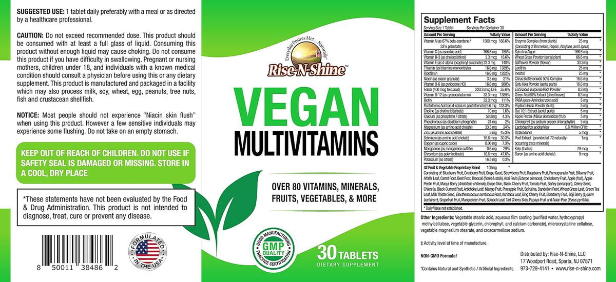 Rise-N-Shine Vegan MultiVitamins Complete Daily Multivitamin & Multimineral for Men and Women, 30 Tablets - görsel 3
