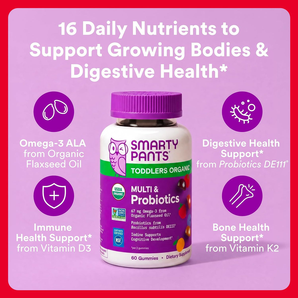 SmartyPants Organic Toddler Multivitamin & Probiotics Gummies, 60 Count (30 Day Supply) - görsel 2
