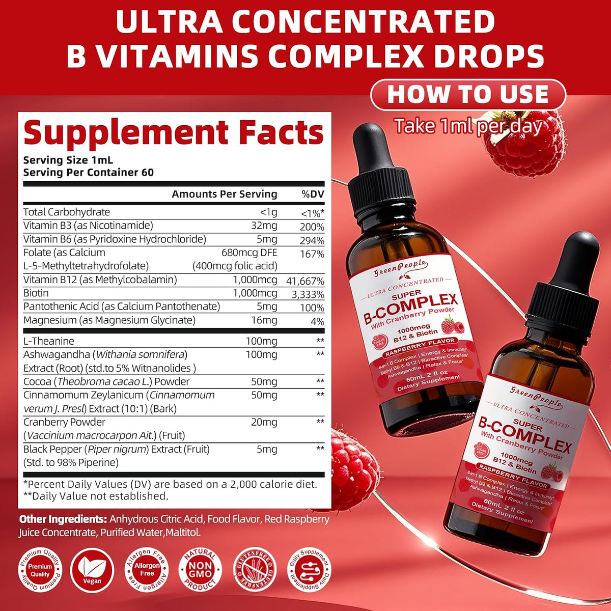 GREENPEOPLE Vitamin Methylated B Complex | Methyl B12 + L-Methyl Folate | Support Energy Metabolic, Immunity & Cognitive | 6 Super B Complex w/Mg, Ashwagandha & L‑Theanine for Women -Vegan, 2fl - görsel 5