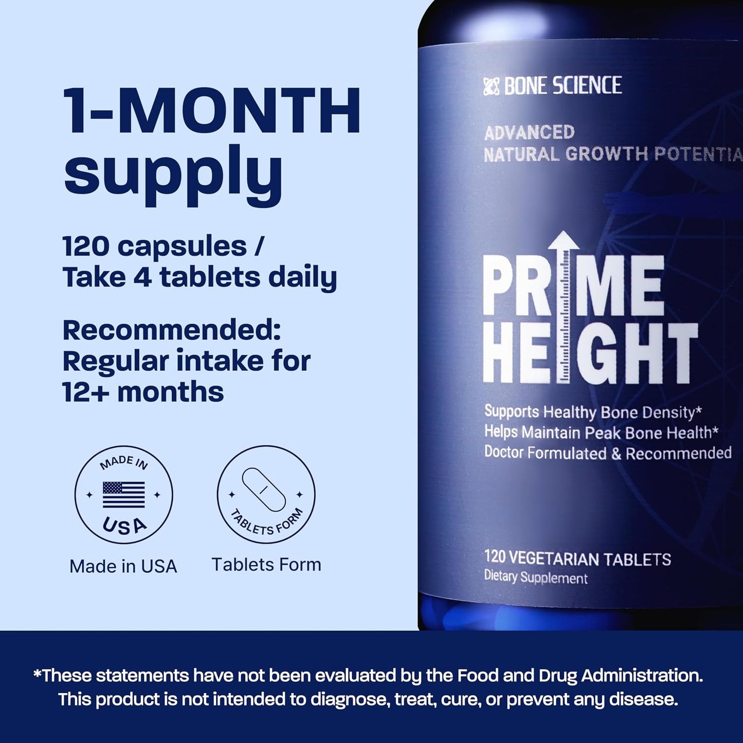 BONE SCIENCE Primeheight Bone & Growth Support - Calcium, Vitamin D3, K2, Magnesium, Zinc - 120 Tablets - görsel 7