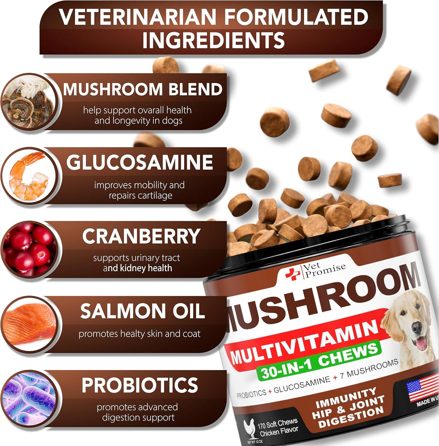 Turkey Tail Mushroom for Dogs - 170 Chews - Mushroom Multivitamin with Lion's Mane, Reishi, Probiotics, and Omega-3 - görsel 2