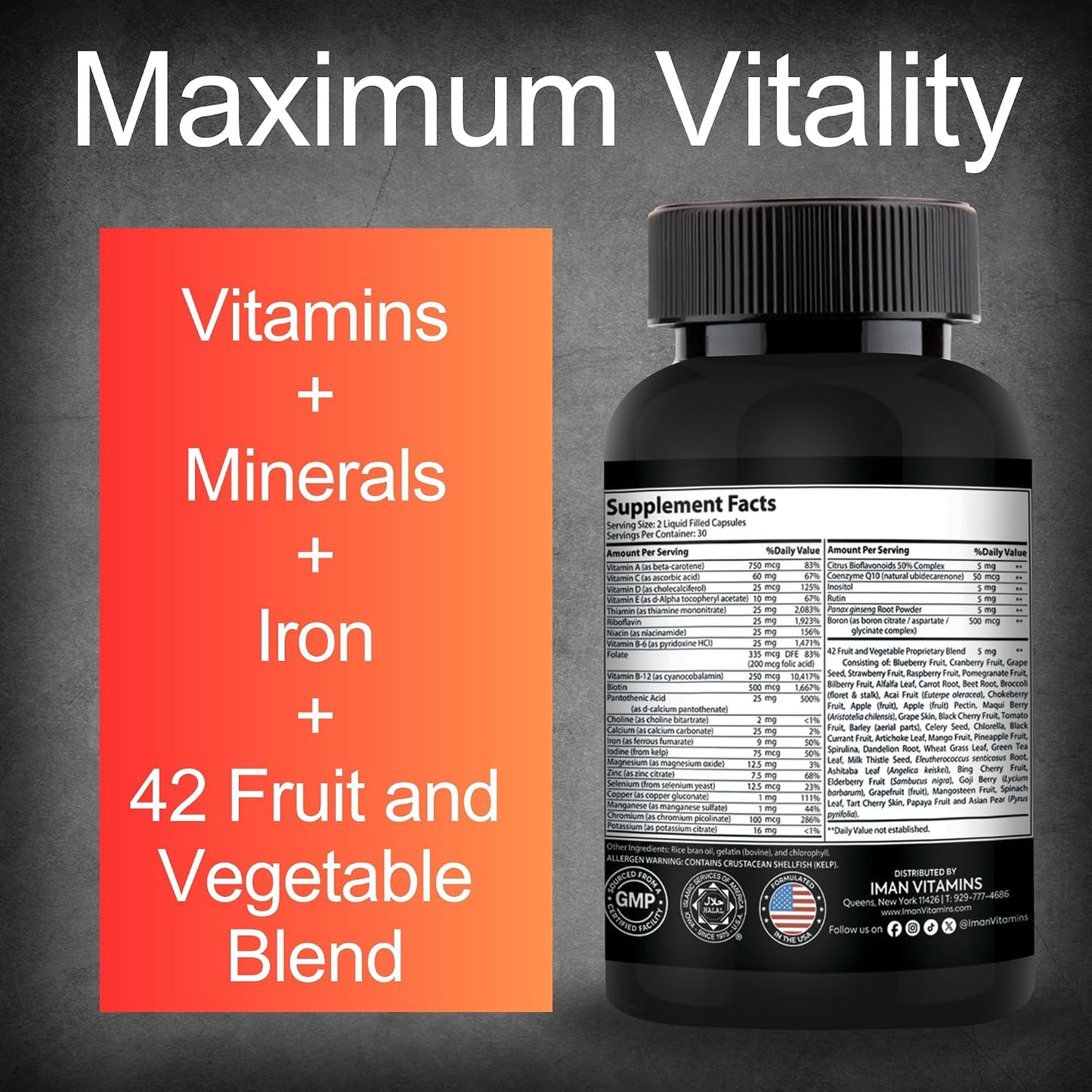 Halal Complete Multivitamin Capsules for Adults Men & Women | 42 Fruit & Vegetable Blend with Iron, Zinc, CoQ10, Folic Acid, and Vitamin A, B1, B3, B6, B12, C, D3, E | 60 Capsules - görsel 5