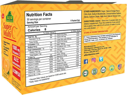 ALFA VITAMINS Super Multi C, Vitamin C Powder and Multivitamin Supplement Premium Quality Source of Nutrients, Minerals, Antioxidants & Electrolytes - 30 Sachets