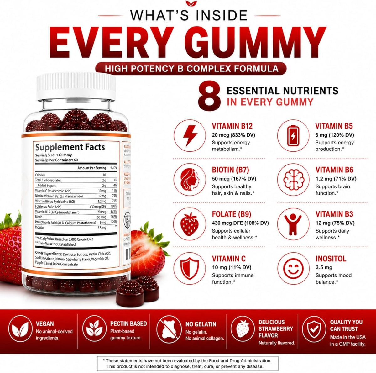 O NUTRITIONS Vitamin B Complex Gummies for Women & Men - Vitamin B12, Biotin, Folate, Vitamin C - Energy, Mood, Memory & Focus Support - Hair, Skin & Nails - Vegan Strawberry Gummies, 120 Count - görsel 2