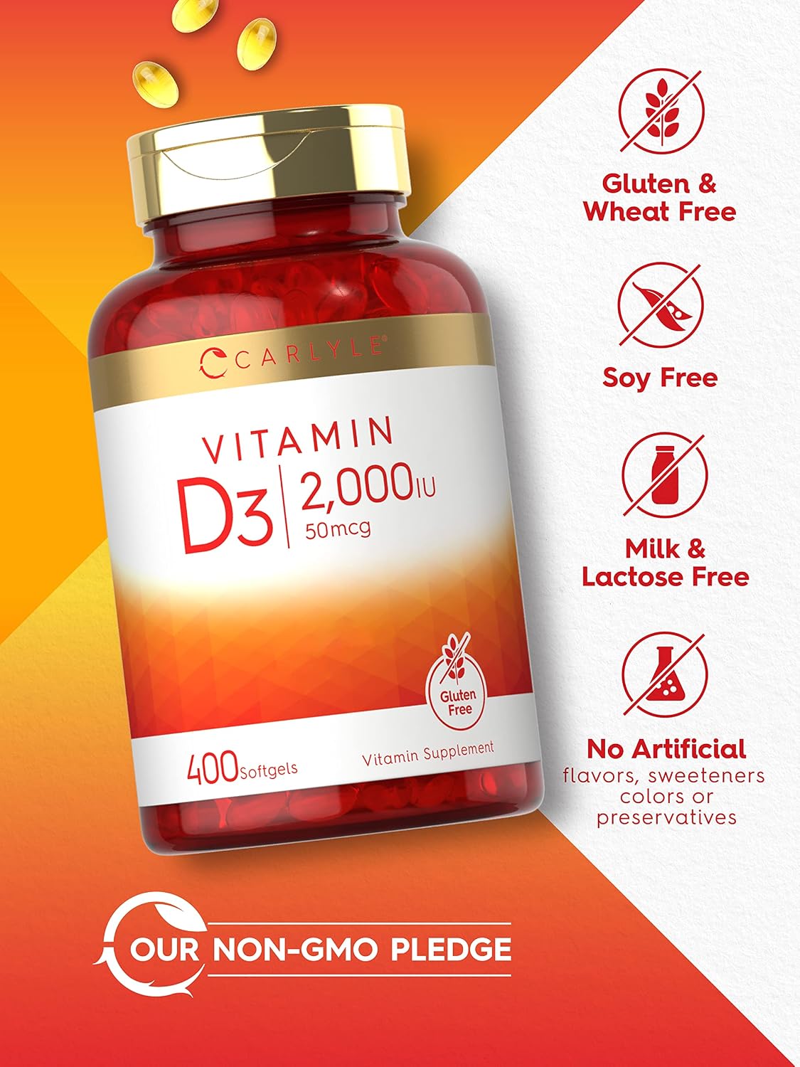 Carlyle Vitamin D3 2000IU Softgels - 400 Capsules, Non-GM, Gluten-free - görsel 4