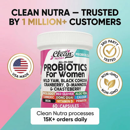 Clean Nutraceuticals ProbioBloom Probiotics for Women with D-Mannose & Cranberry - 60 Capsules