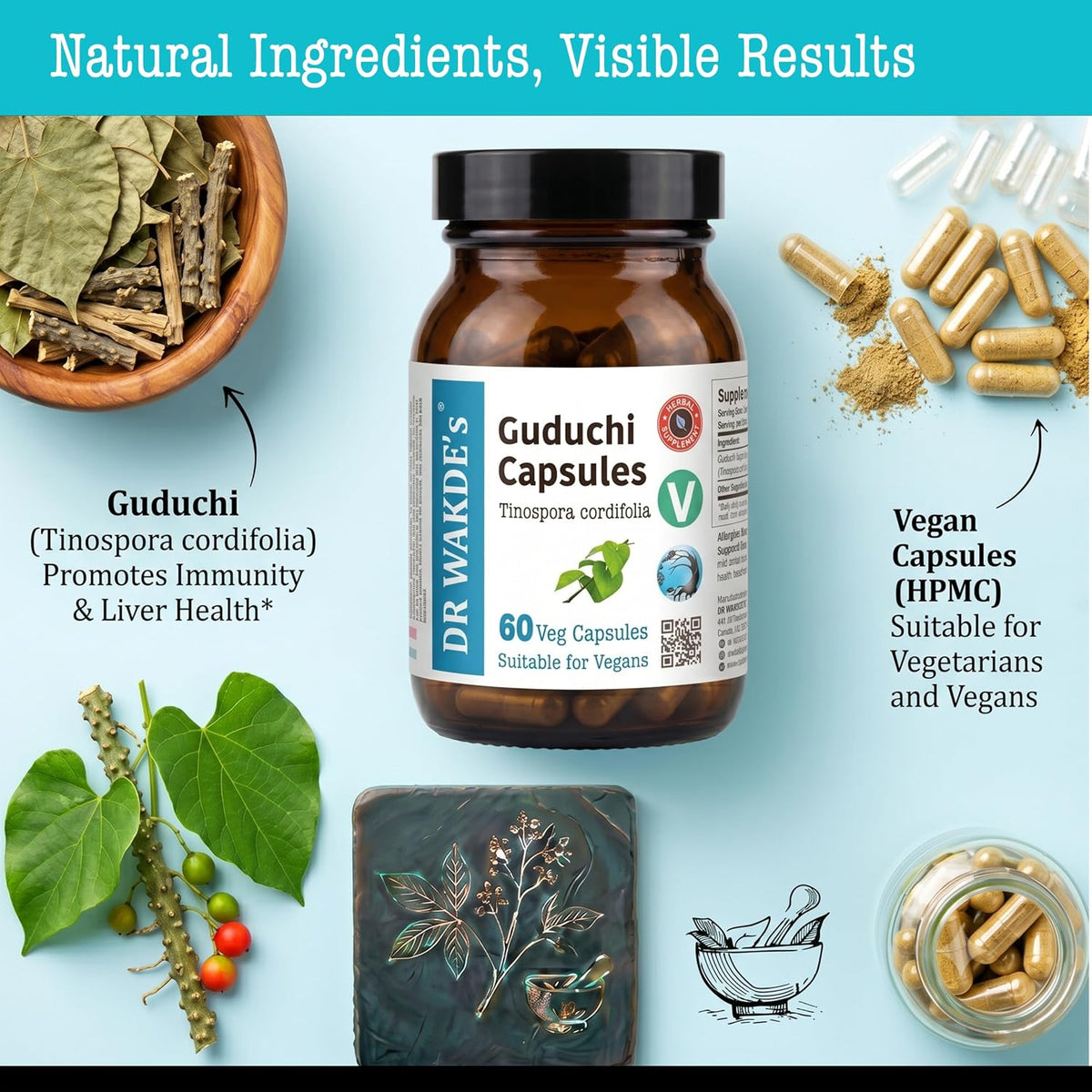 DR WAKDE's Guduchi Capsules (Tinospora cordifolia, 60 Veg Caps, Plant-Based Supplement, Ayurvedic Herb, All Natural, Vegan) - görsel 3