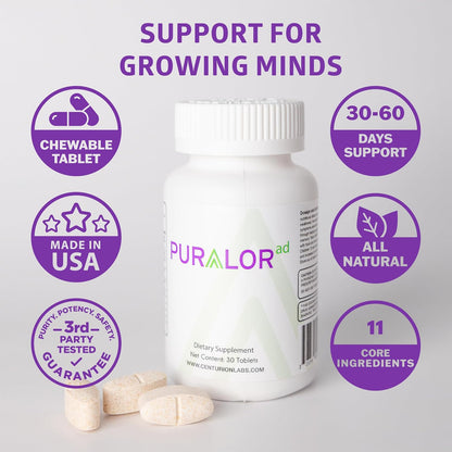 Centurion Premium Puralor AD, Cognitive and Focus Supplement for Children with Saffron, Folate, Vitamin C, D and Zinc, 30 Chewable Tablets