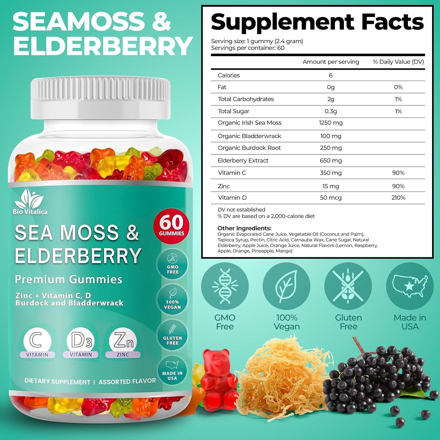 Irish Sea Moss Gummies with Elderberry – Immune Support Supplement with Vitamin C, D & Zinc – Vegan Gummies for Adults & Kids – 60 Count - görsel 2