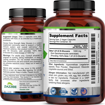 Zazzee Extra Strength 1,3/1,6 Beta Glucans - 1000 mg, 100% Concentrated, 90 Vegan Capsules - Immune Support Supplement