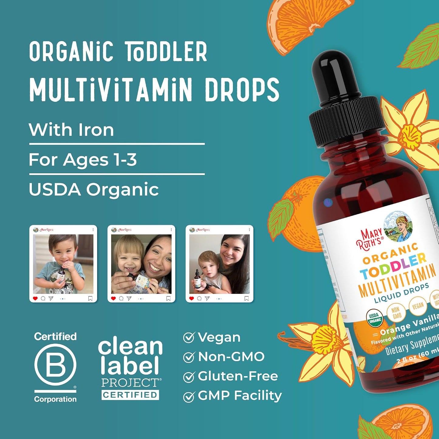 MaryRuth's Organic Multivitamin & Multimineral with Iron for Toddlers - Organic Liquid Drops - Ages 1-3 - 2 fl oz - görsel 8