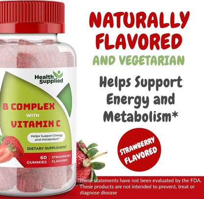Strawberry Flavoured Vitamin B Complex Gummies – B Complex with Vitamin C – Helps Support Normal Nervous System Function and Energy Levels – Assists Normal Cognitive Function – Great Tasting and Easy to Swallow