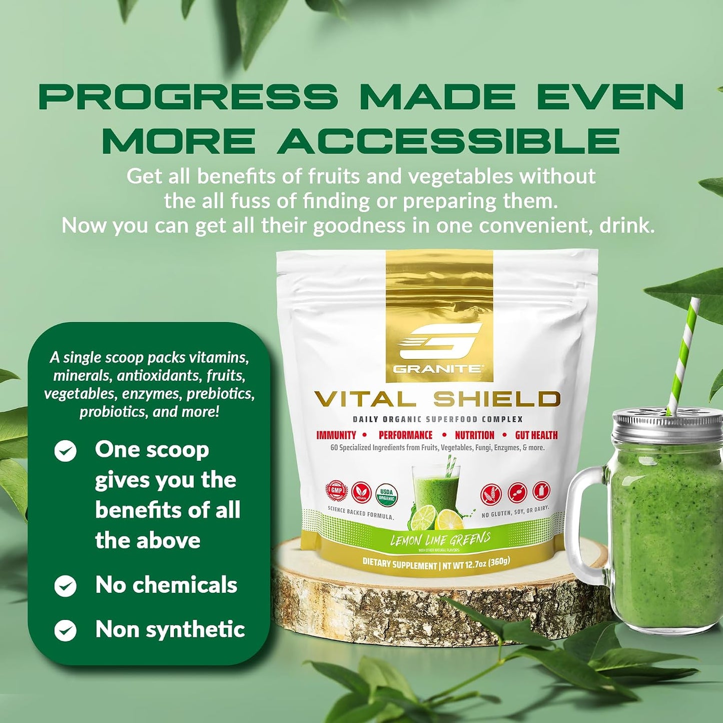 Granite Nutrition Vital Shield – USDA Organic Superfood Greens Powder with Mushrooms & Tart Cherry, Lemon and Lime, 30 Servings - görsel 5