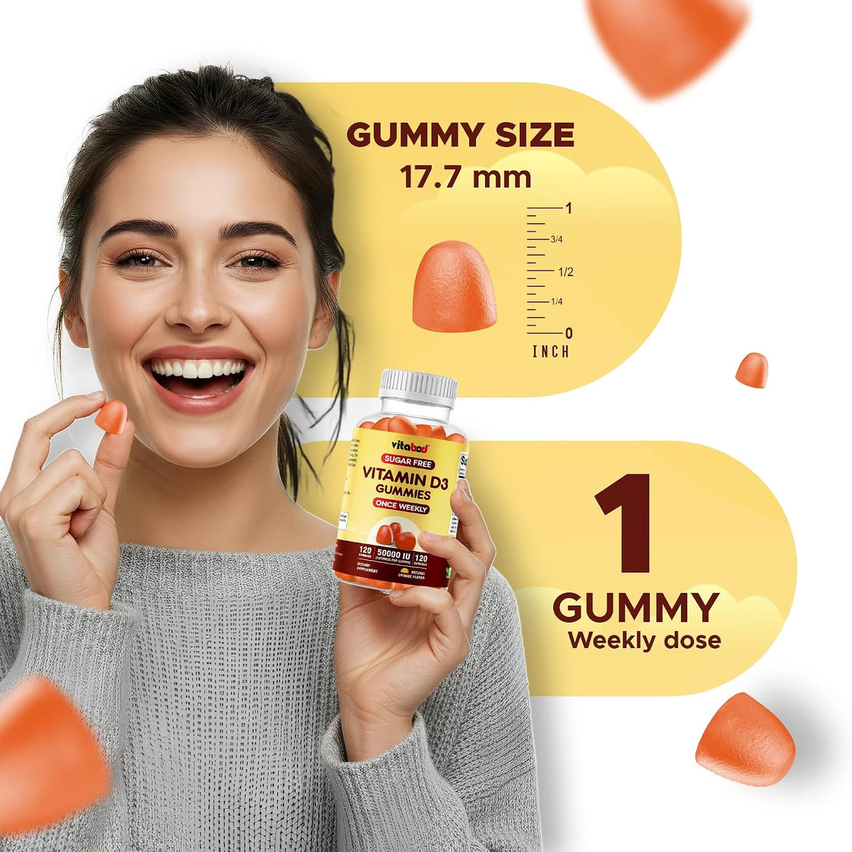 Vitabod Sugar-Free Vitamin D3 50,000 IU Weekly Gummies – Bone, Teeth, and Immune Support – Non-GMO, Easy-to-Chew – 120 Count - görsel 3
