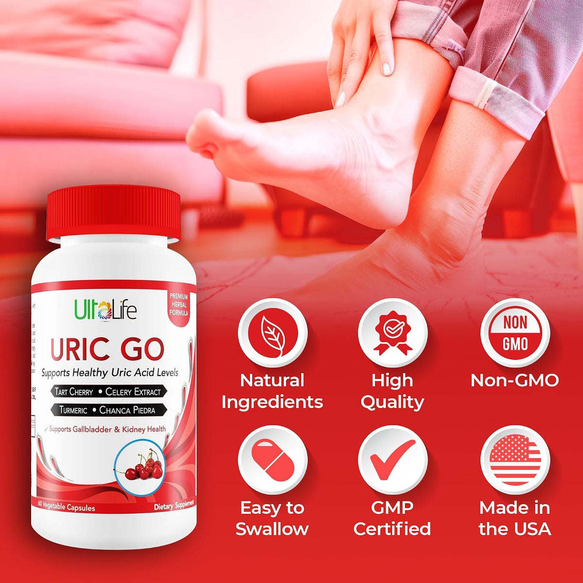 ULTALIFE URIC GO Uric Acid Support Supplement with Chanca Piedra and Tart Cherry - 60 Capsules - görsel 5