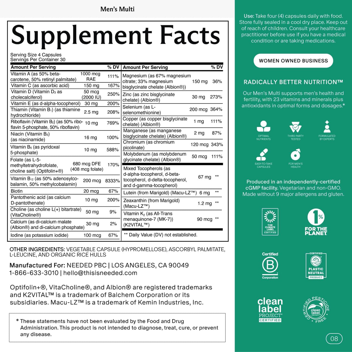 Needed. Multivitamin for Men - 25 Optimal Nutrients for Fertility & Men's Health - Men's Multivitamin with Vitamin D3 2000IU, B12 Vitamins, 200 mcg Selenium - Men's Fertility Supplement, 30 Day Supply - görsel 2