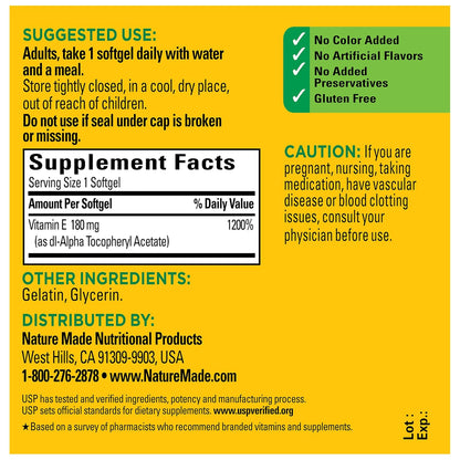 Nature Made Vitamin E 180 mg (400 IU) dl-Alpha Softgels, 100 Softgels