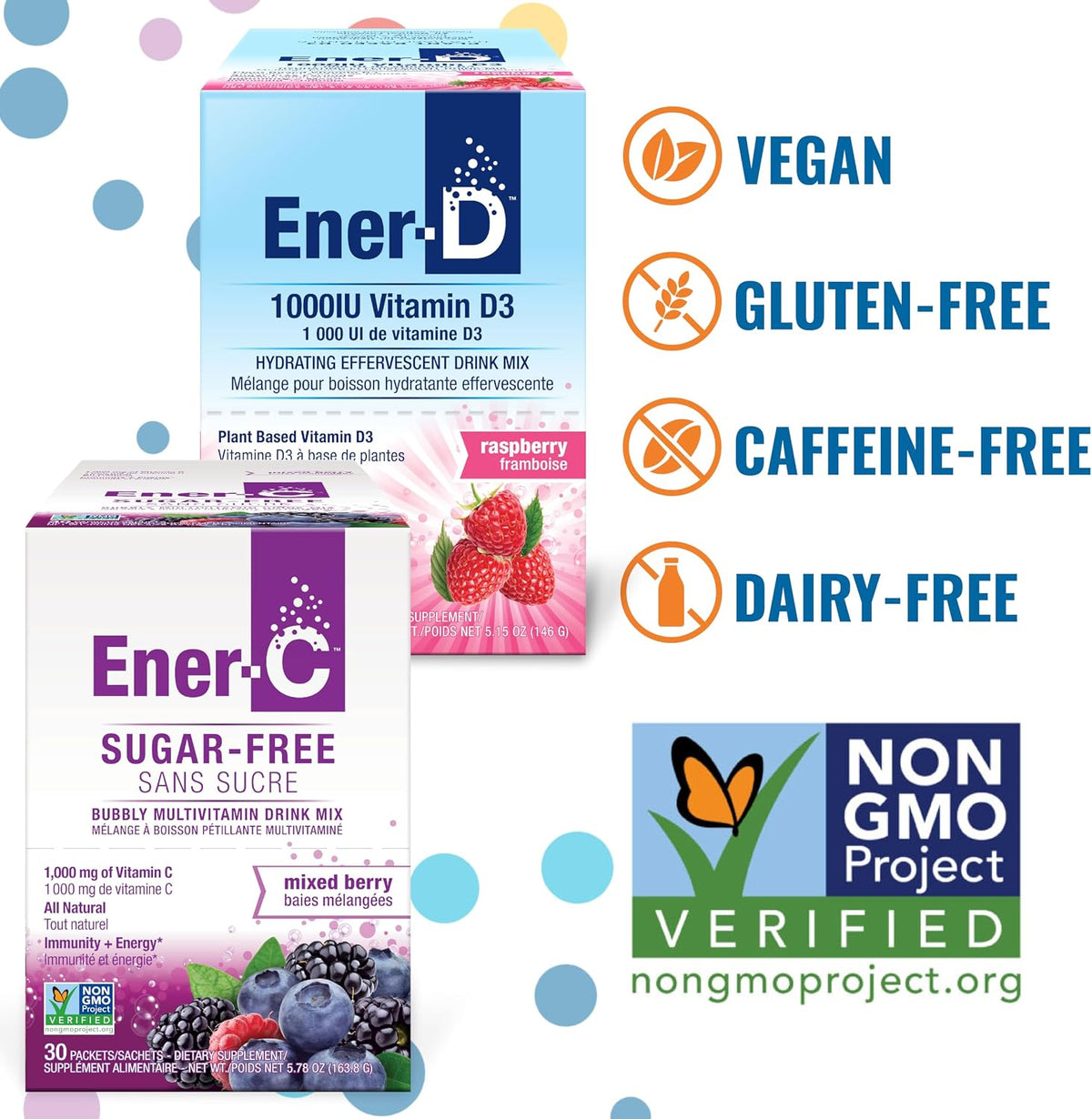 Ener-C Sugar-Free Vitamin C 1000mg Mixed Berry & Ener-D Vitamin D3 Raspberry Multivitamin Drink Powder for Natural Energy & Immune Support – Real Fruit Juice, Non-GMO, Vegan – 54 Sticks - görsel 2