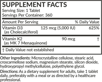 Futurebiotics Vitamin K2 with D3, 2 in 1 Support, 5000 IU Vitamin D3 & 90 mcg Vitamin K2 MK-7 Non-GMO, 360 Tablets