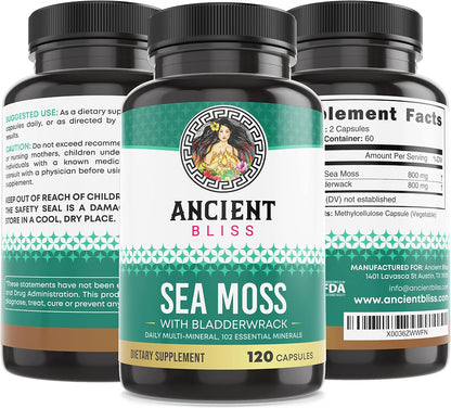 Ancient Bliss Organic Irish Sea Moss Capsules – Wildcrafted Sea Moss with Bladderwrack, 120 Capsules