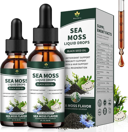 Irish Sea Moss Drops - Organic Sea Moss Liquid with Black Seed Oil, Ashwagandha & Burdock Root | Multimineral Supplement | Non-GMO, 59ml