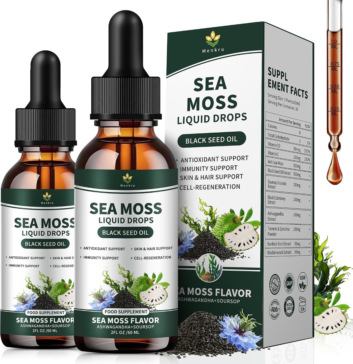 (2 Pack) Sea Moss Liquid Drops with Black Seed Oil, Soursop Bitters, and Irish Seaweed Gel - görsel 1