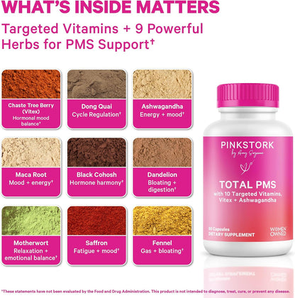 Pink Stork PMS Supplement for Women – Vitex, Ashwagandha, Maca Root and 10 Vitamins and Minerals