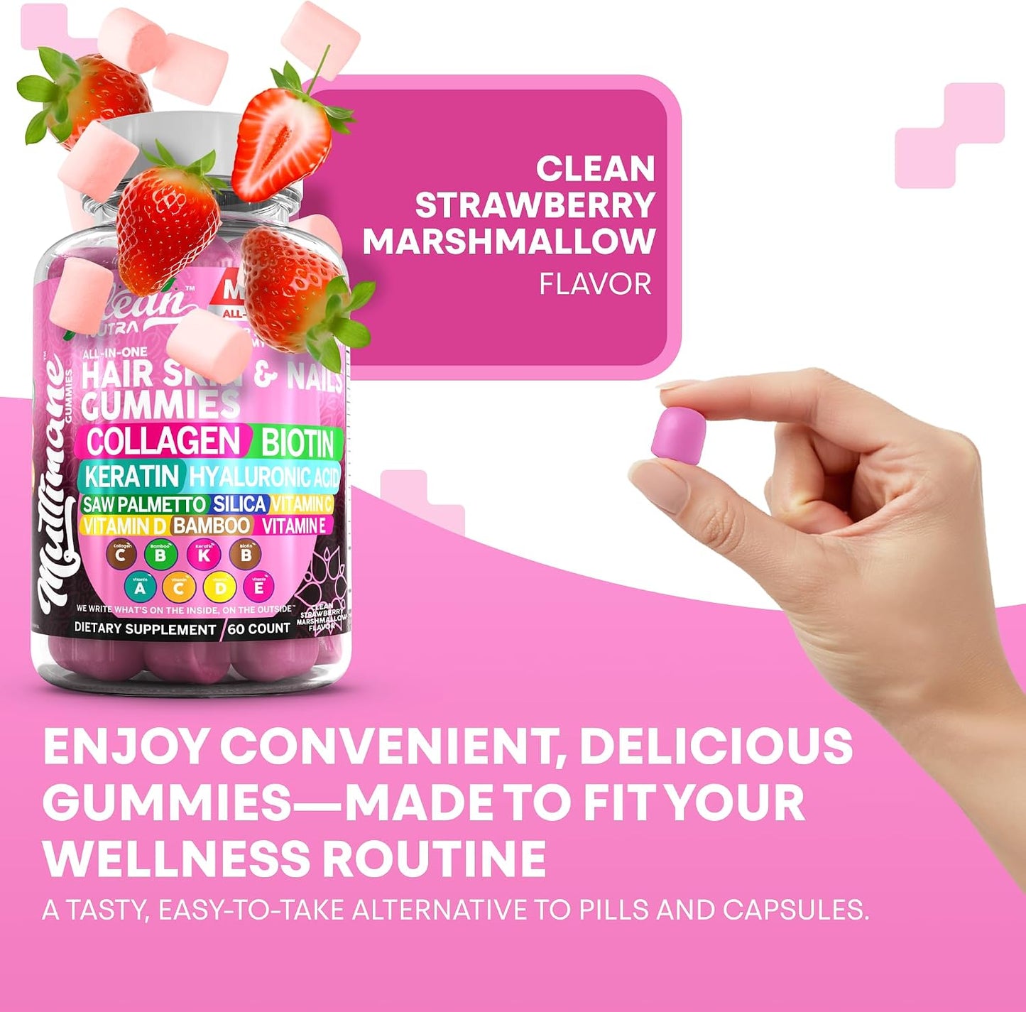 Clean Nutraceuticals Biotin Collagen Keratin Gummies | Hair, Skin and Nails Vitamins for Women | Hyaluronic Acid Bamboo Vitamin A C D3 E Folate with Saw Palmetto Silica B3 B12 Vegan Gummy - görsel 7
