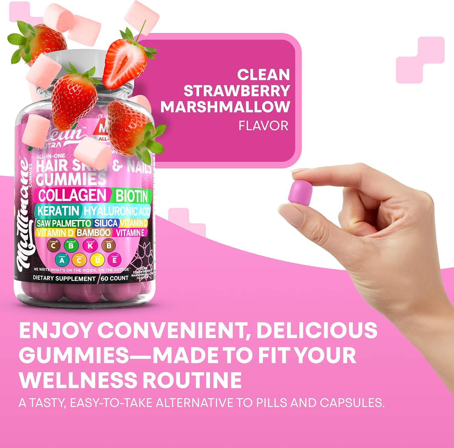 Clean Nutraceuticals Biotin Collagen Keratin Gummies | Hair, Skin and Nails Vitamins for Women | Hyaluronic Acid Bamboo Vitamin A C D3 E Folate with Saw Palmetto Silica B3 B12 Vegan Gummy - görsel 7