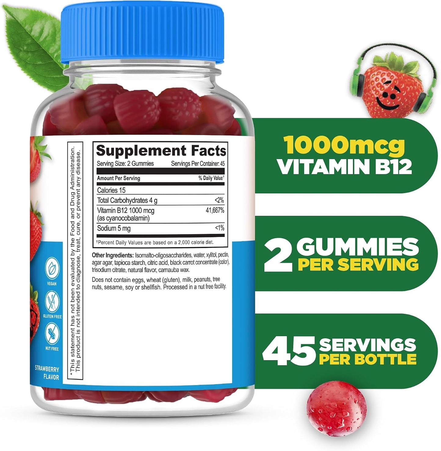 Lifeable Sugar Free Kids Vitamin B12 Gummies - 1000 mcg - Strawberry Flavour - 90 Gummies - görsel 2