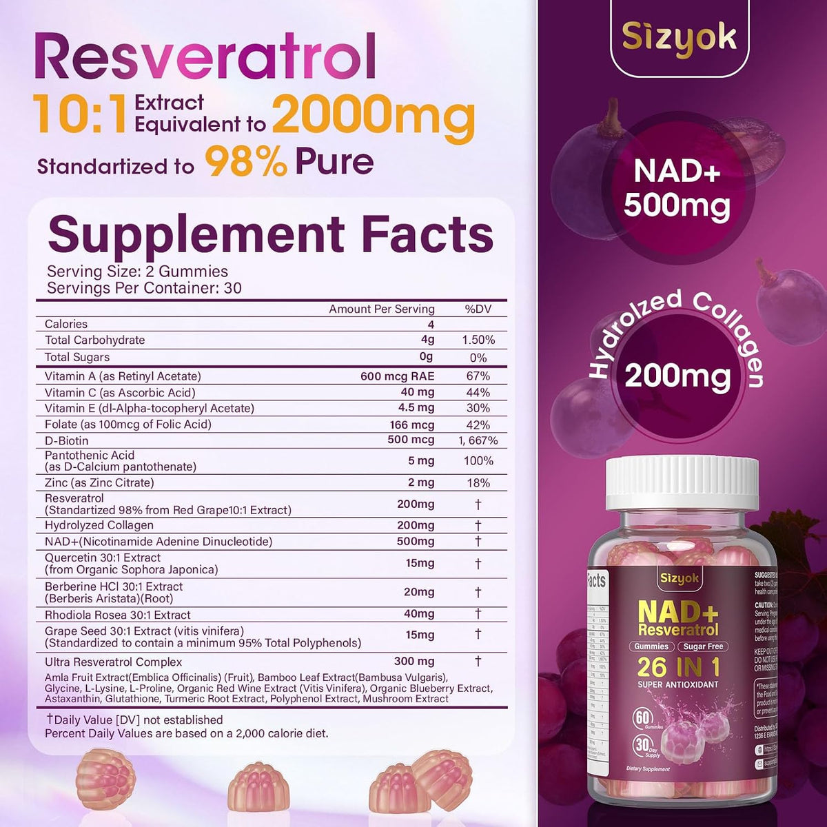 NAD Resveratrol Gummies for Women - Sugar-Free Multivitamin with Collagen, 3 Pack (180 Gummies) - görsel 2