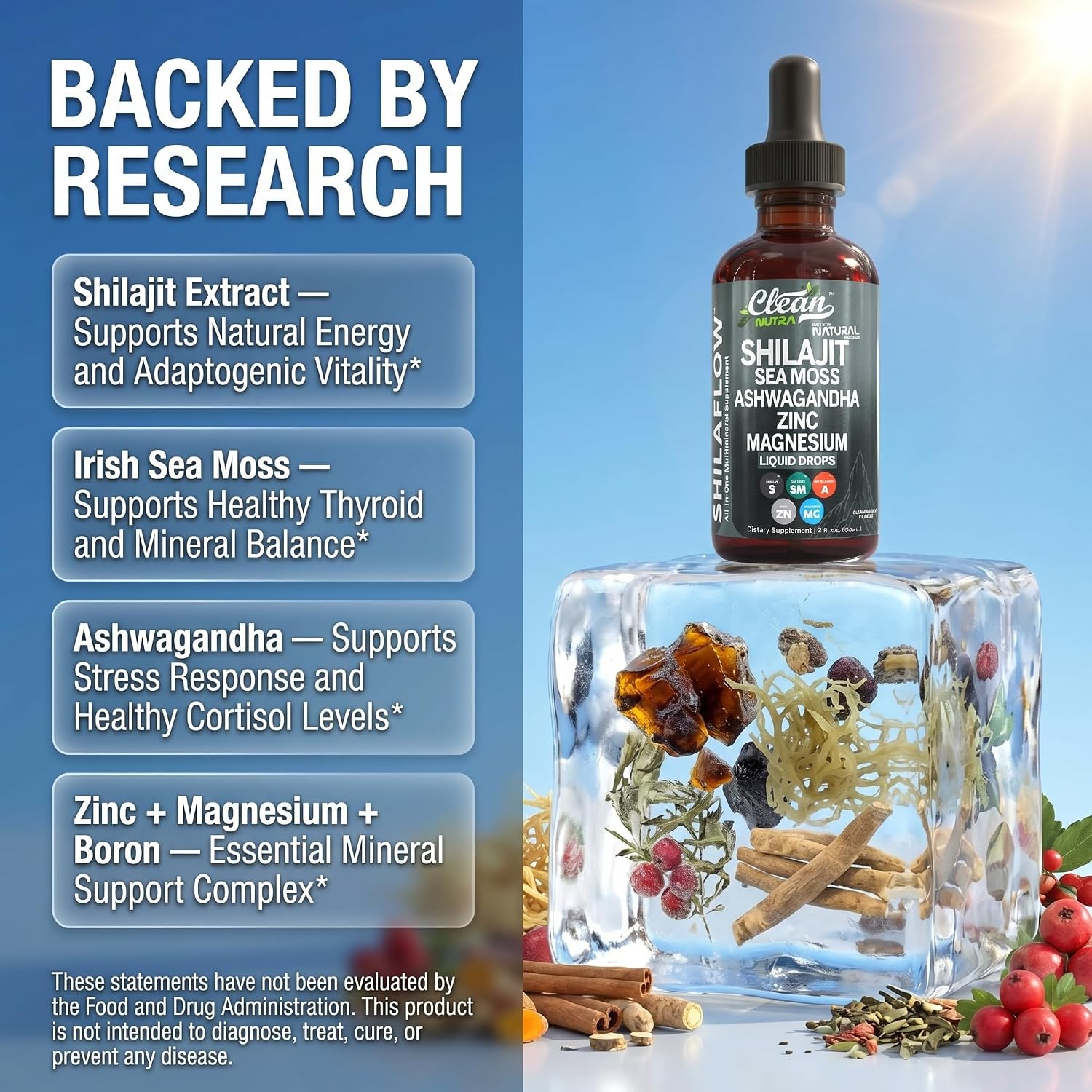 Clean Nutraceuticals Shilajit Drops Liquid - Himalayan Shilajit Supplement with Sea Moss, Ashwagandha, Zinc, Magnesium, Boron & Fulvic Acid for Energy and Vitality - 2oz (60ml) - görsel 3