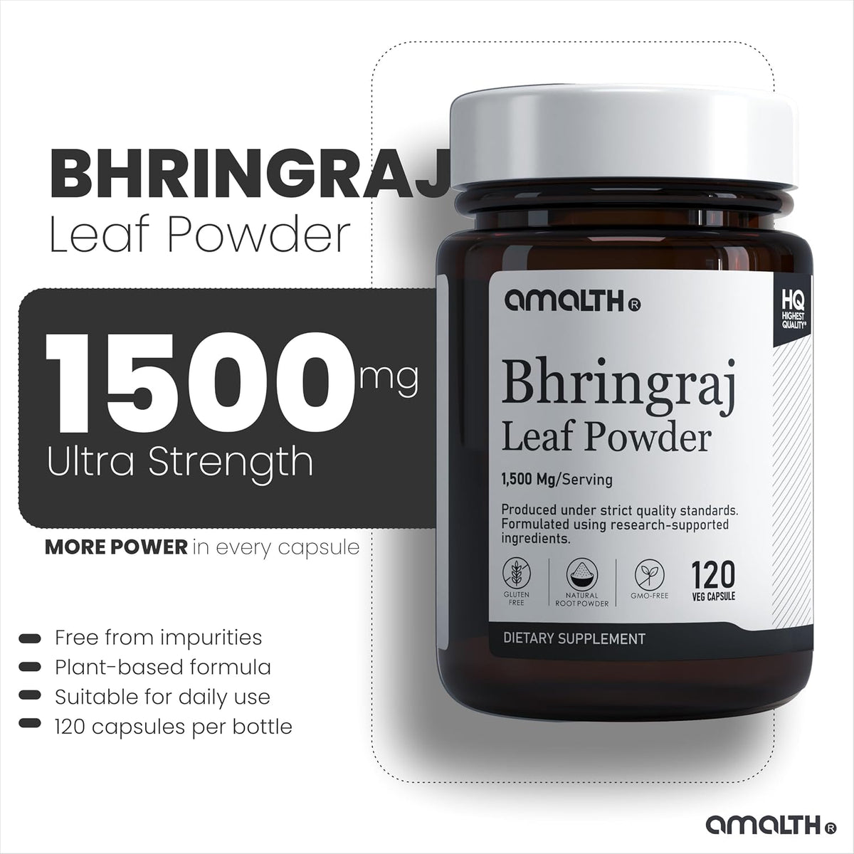 Amalth Bhringraj Capsules 1500 mg - Eclipta Prostrata Leaf Powder - 120 Vegetarian Capsules - görsel 3