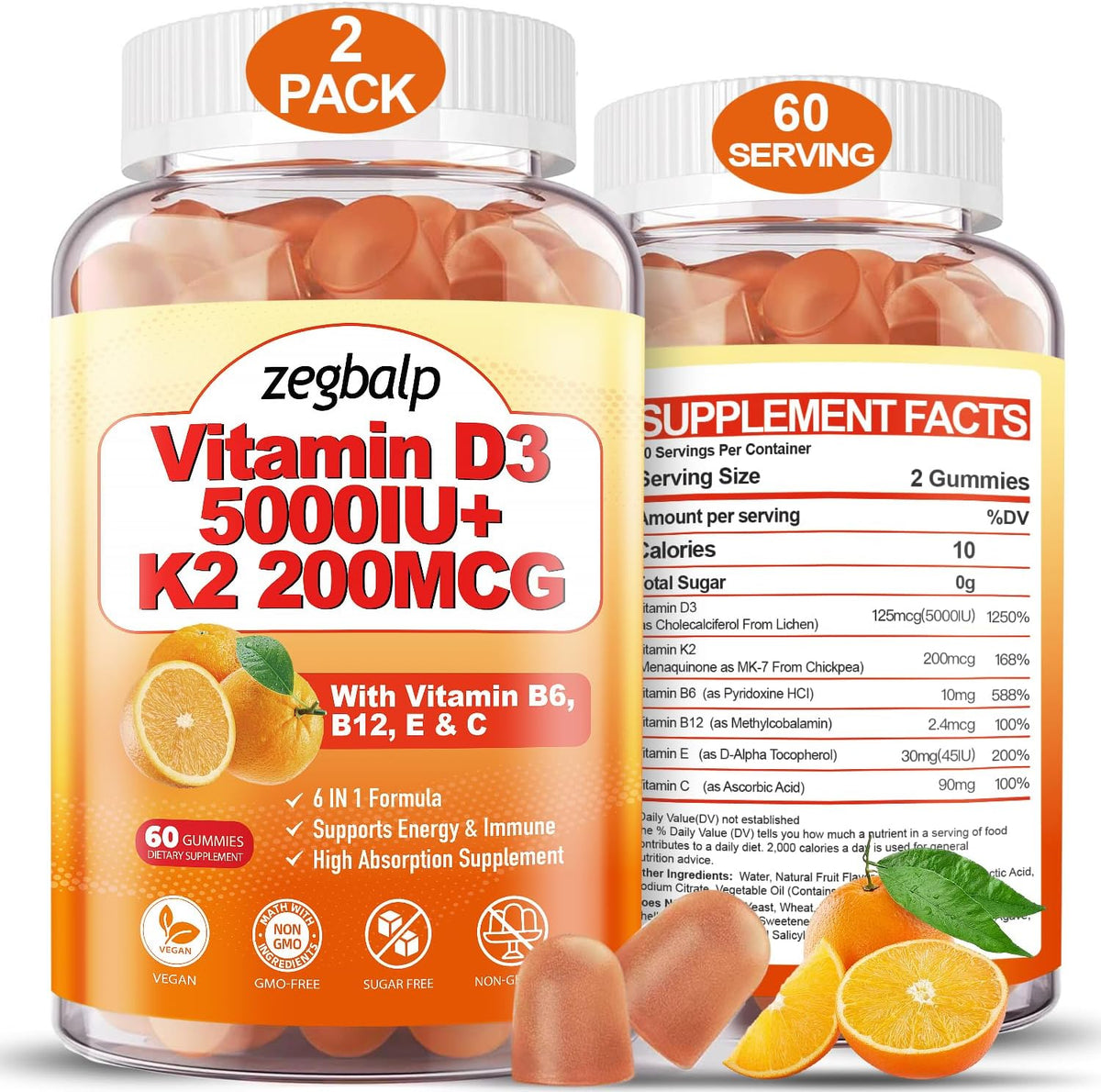 ZEGBALP Vitamin D3 & K2 Gummies - 5000 IU D3 + 200 mcg MK-7 - Sugar-free, Vegan, with B Complex, C & E - görsel 1