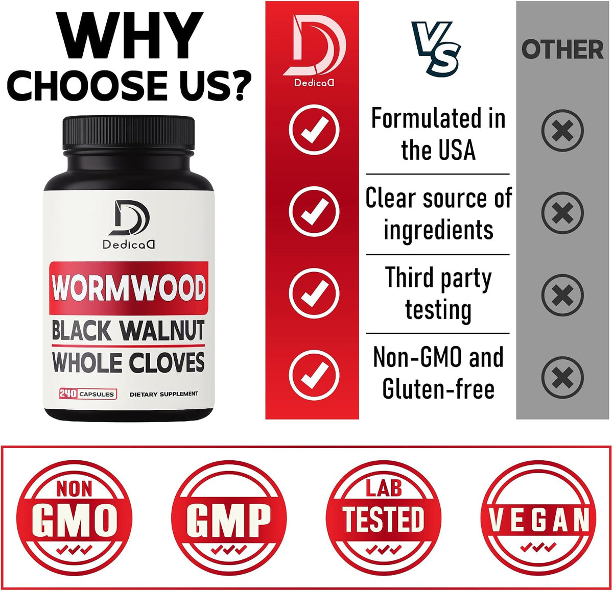 DEDICAD Sweet Wormwood Capsules 1500mg with Black Walnut & Cloves - 240 Vegan Capsules - görsel 4