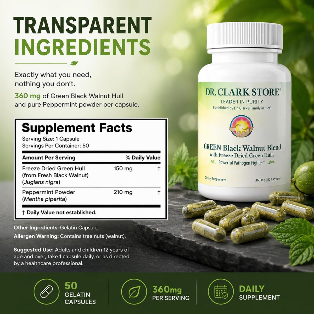 Dr Clark Store Green Black Walnut Blend - Freeze Dried Hull with Peppermint, 360 mg, 50 Gelatin Capsules - görsel 9