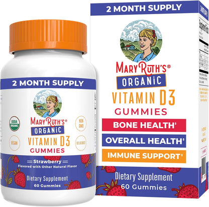 MARYRUTH'S Organic Vitamin D3 Gummies | 1000 IU | USDA Organic | Immune Support | Bone Health | Muscle Function | for Adults & Kids Ages 2+ | Vegan | Gluten-free | 2 Month Supply | 60 Count