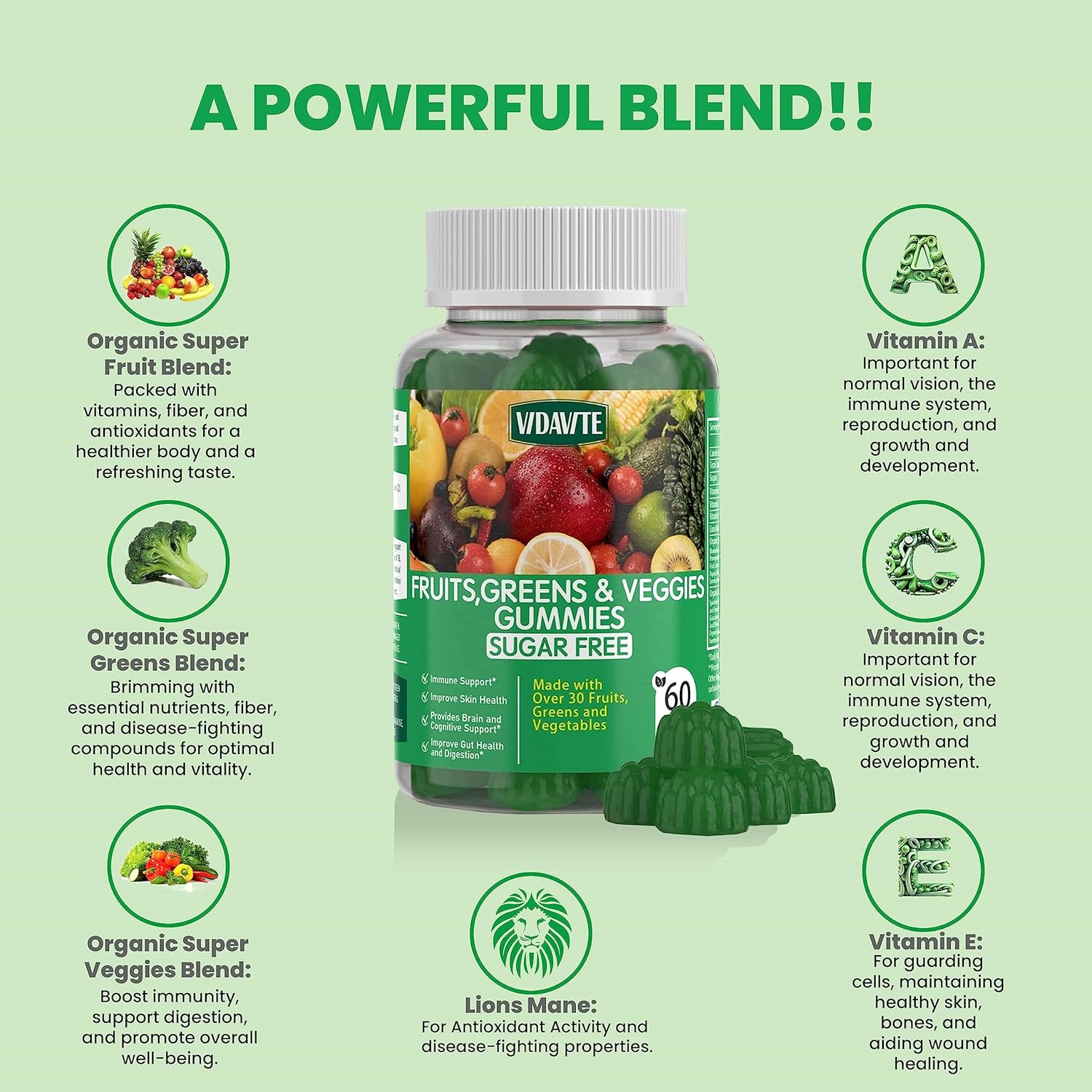 VIDAVITE Sugar-free Super Greens Gummies — Made in USA, 35+ Fruit and Veggie Gummies to Support Immunity, Skin & Gut Health — Ideal Fruits and Vegetables Supplement for Adults & Picky Teens (30-Day Supply) - görsel 4