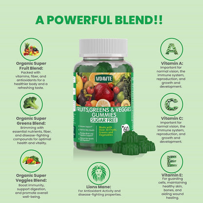 VIDAVITE Sugar-free Super Greens Gummies — Made in USA, 35+ Fruit and Veggie Gummies to Support Immunity, Skin & Gut Health — Ideal Fruits and Vegetables Supplement for Adults & Picky Teens (30-Day Supply)