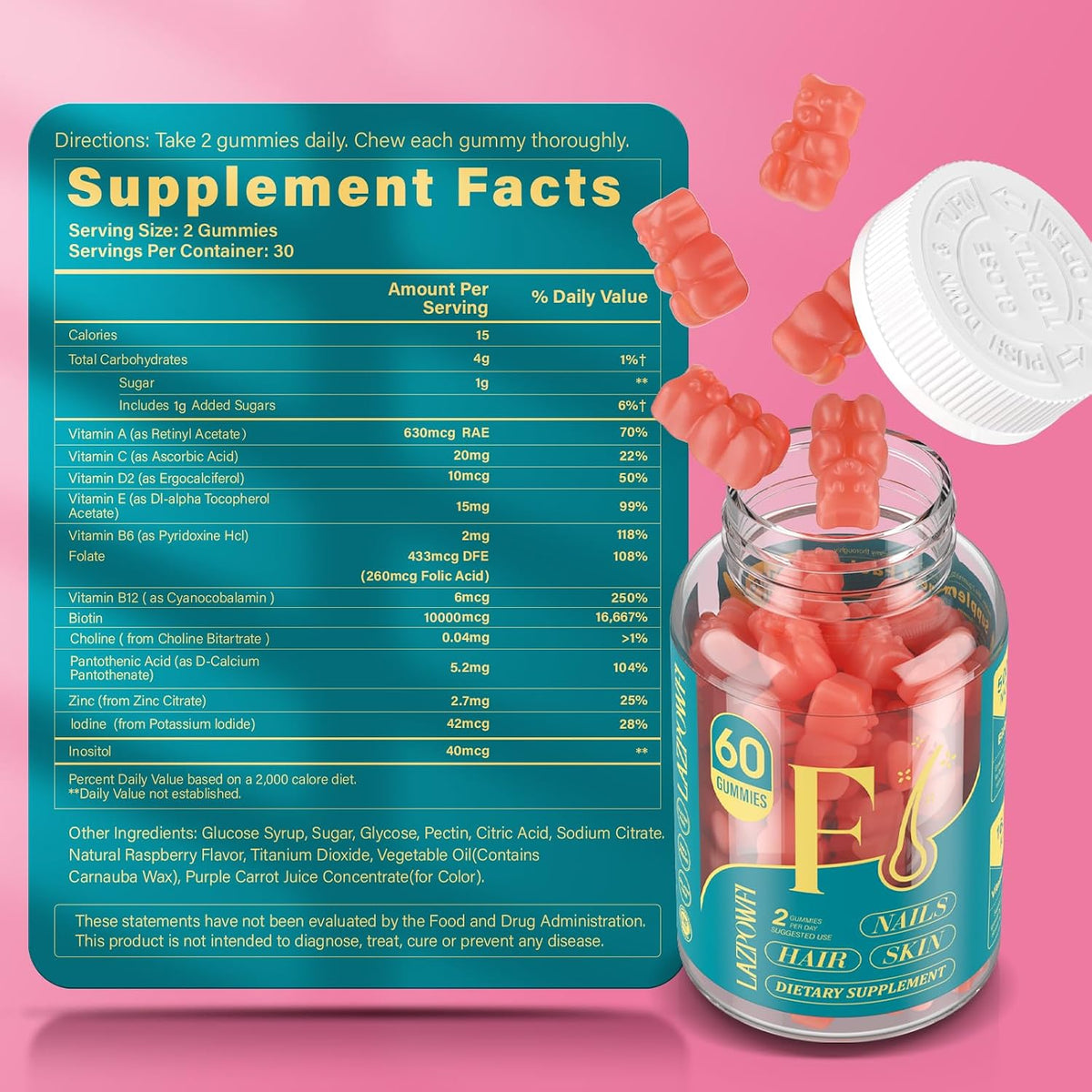 Biotin Gummies for Hair, Skin and Nails – Vegan Vitamin B7, Strawberry, 2-Pack - görsel 5