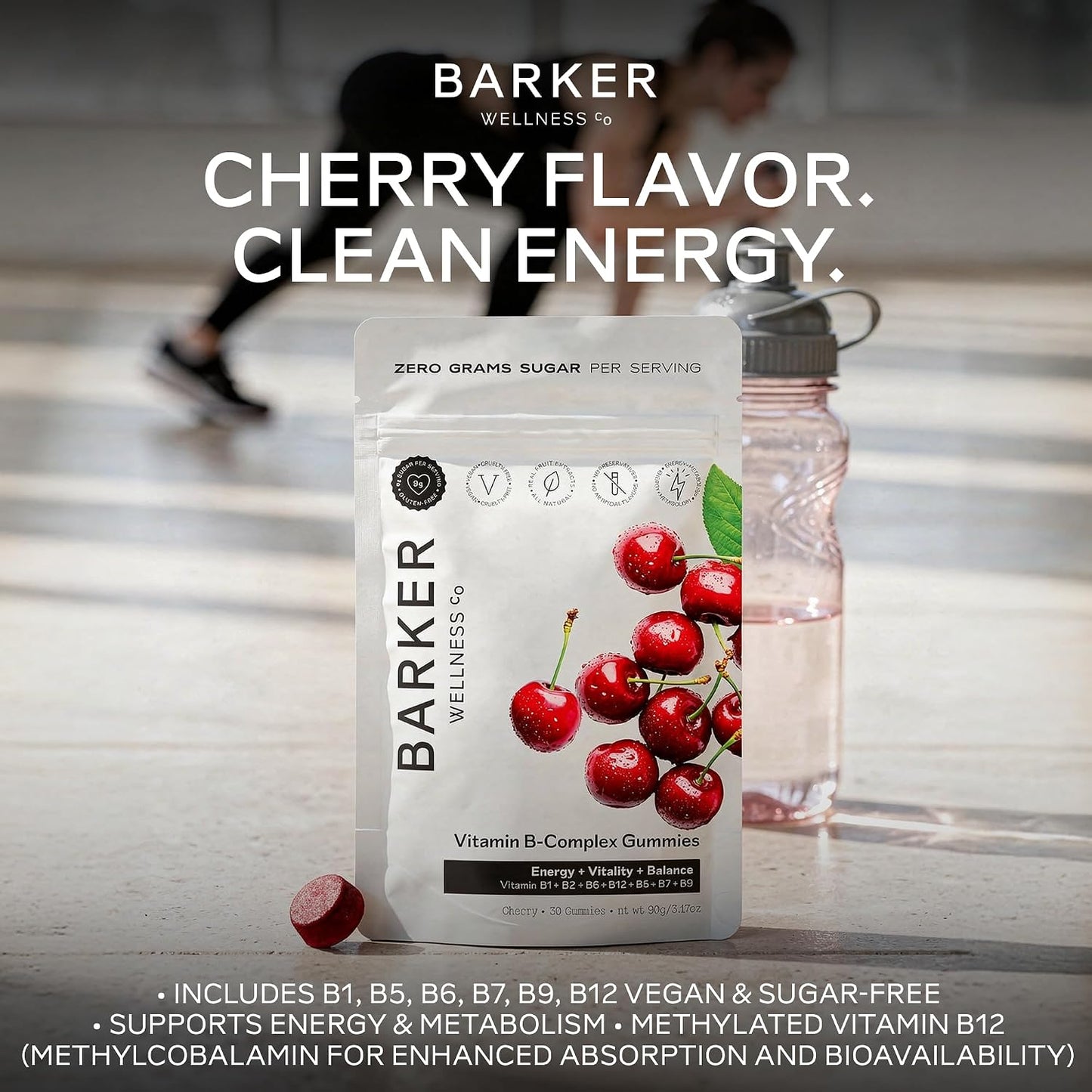 Barker Wellness Vitamin B-Complex Gummies – Sugar-Free Cherry, Vegan, Energy & Metabolism support - görsel 3