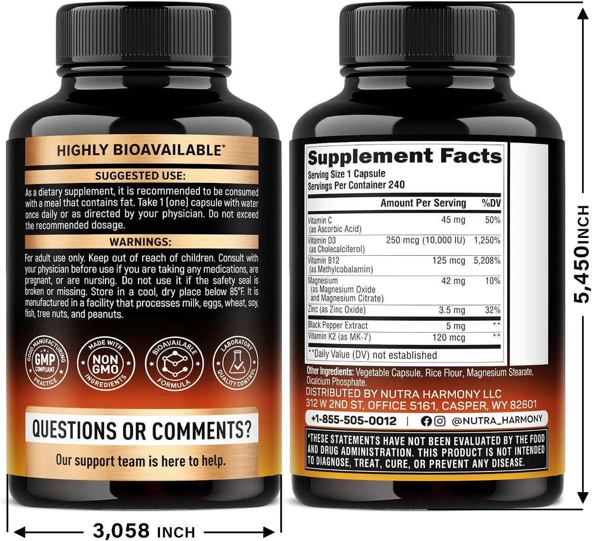 Vitamin D3 10,000 IU & K2 MK-7 with Magnesium, Zinc, Vitamin C, B12 – 240 Capsules - görsel 2