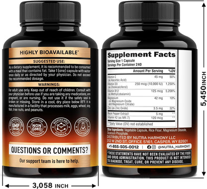 Vitamin D3 10,000 IU & K2 MK-7 with Magnesium, Zinc, Vitamin C, B12 – 240 Capsules