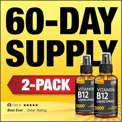 Liquid B12 Spray 5000 mcg – Sublingual Vitamin B12 Methylcobalamin – Vegan, Gluten-Free, Non-GMO (Pack of 2)