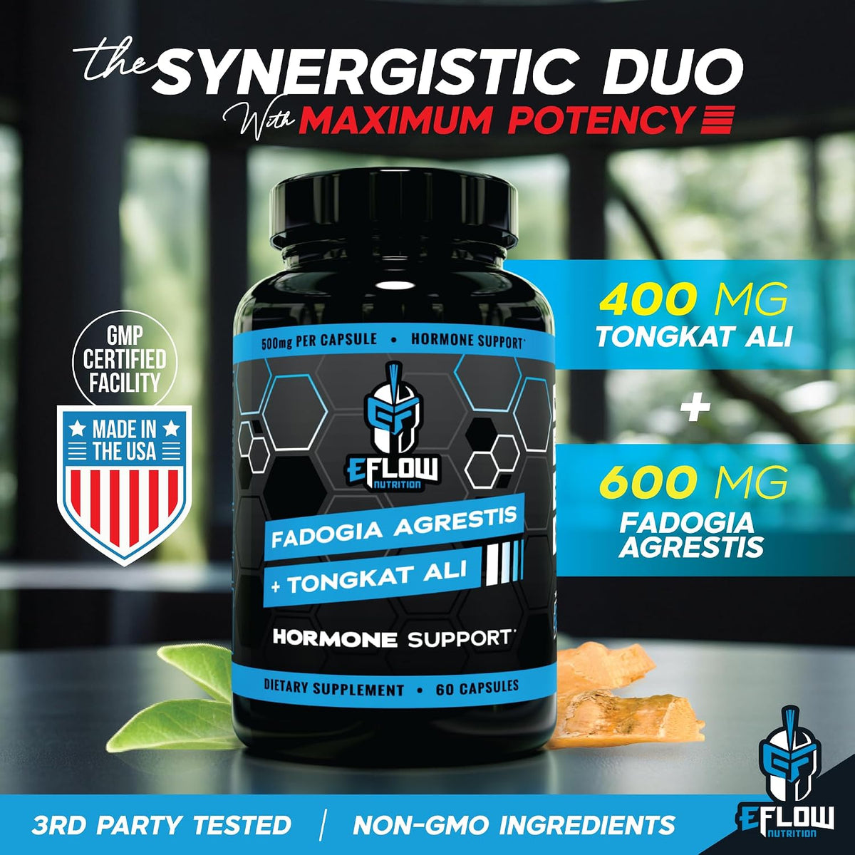 eFlow Nutrition Fadogia Agrestis + Tongkat Ali - [2-in-1] Natural Performance Supplement for Hormone, Energy, & Mood Support - Extract Powder (60 Capsules) - görsel 3
