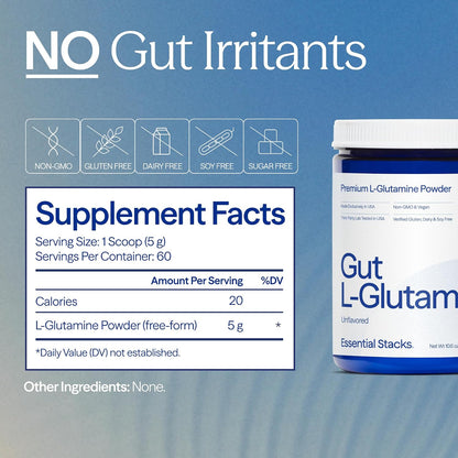 Essential Stacks Gut L-Glutamine Powder - Pure L-Glutamine for Gut Health (60 Servings, Unflavoured)