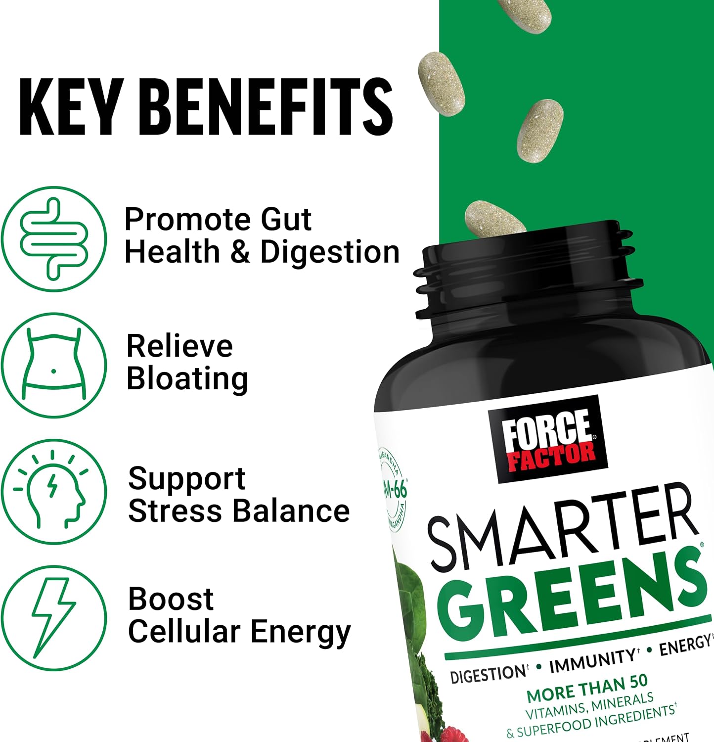 Force Factor Smarter Greens Tablets – Superfood Blend with Probiotics & Adaptogens, 90 Tablets - görsel 2