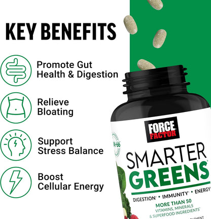 Force Factor Smarter Greens Tablets – Superfood Blend with Probiotics & Adaptogens, 90 Tablets