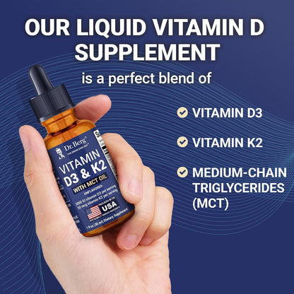 Dr. Berg Maximum Strength Vitamin D3 K2 Liquid Drops with MCT Oil - 5,000 IU D3 + 50 mcg K2 MK-7 - Unflavoured, 30 ml